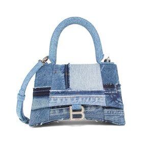 Balenciaga Hourglass Top Handle Bag Washed Blue Upcycled Denim Patchwork